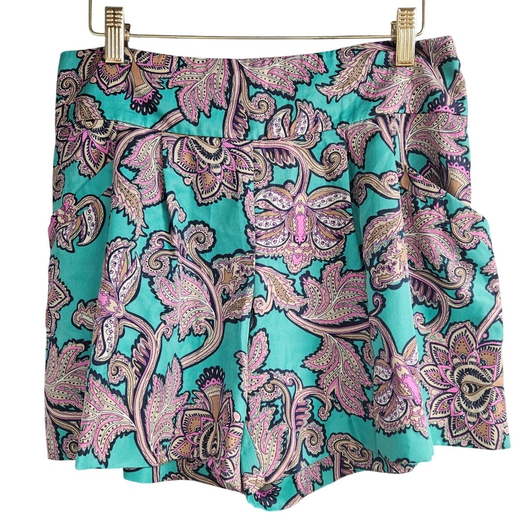 LOFT Womens Teal Pink Paisley Pleated High Rise Shorts Pockets Size 4